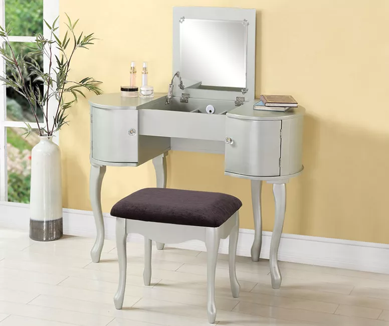 Kelly Silver Rounded Mirror Vanity Set With Stool 4 Kelly Silver Rounded Mirror Vanity Set With Stool - Image 2
