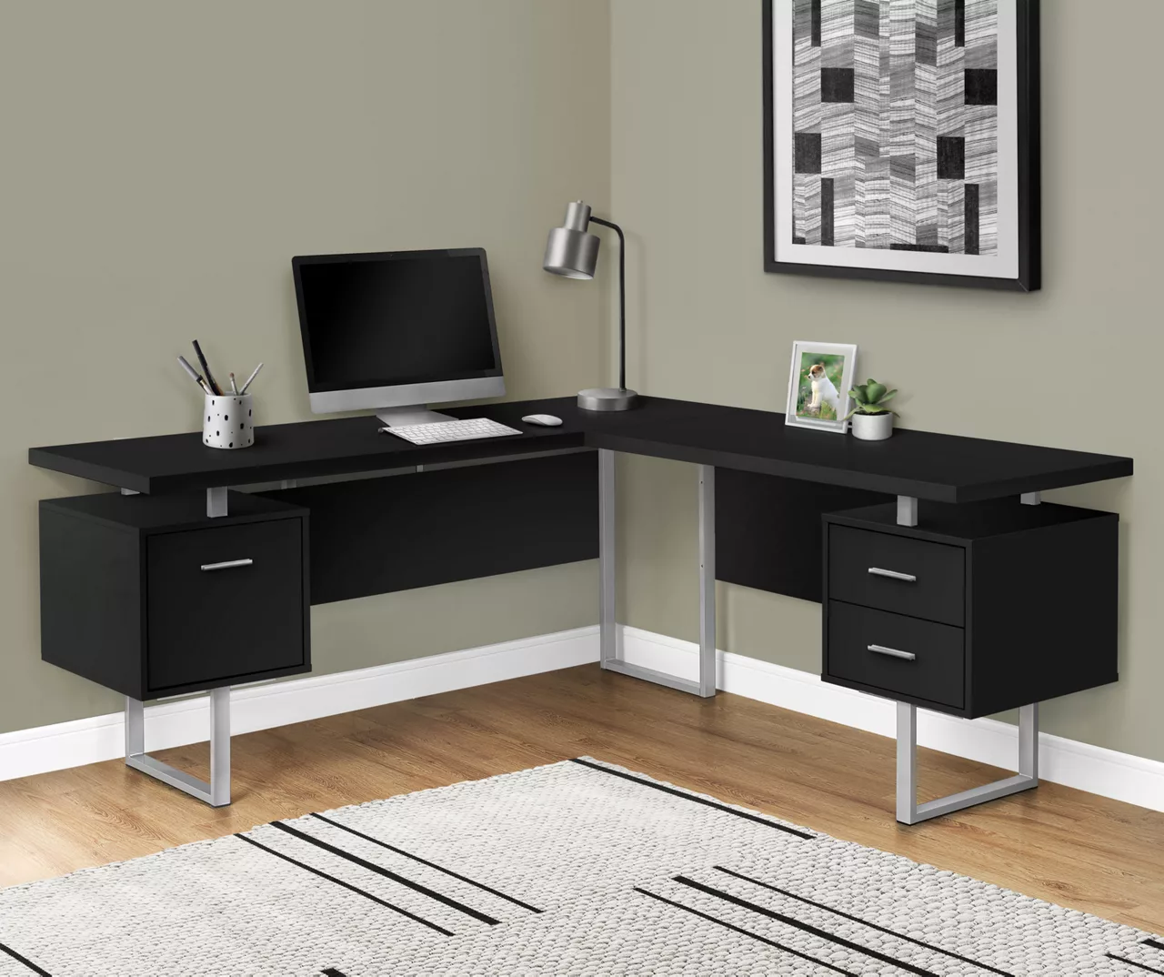 Black & Silver 3-Drawer L-Shaped Corner Desk 4 Black & Silver 3-Drawer L-Shaped Corner Desk - Image 2
