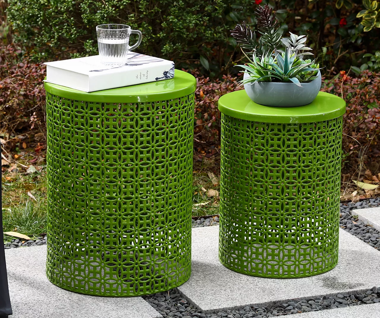 Green 2-Piece Metal Drum Garden Table Set 13 Green 2-Piece Metal Drum Garden Table Set - Image 11