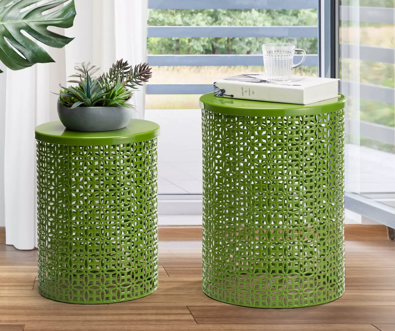 Green 2-Piece Metal Drum Garden Table Set 10 Green 2-Piece Metal Drum Garden Table Set - Image 8