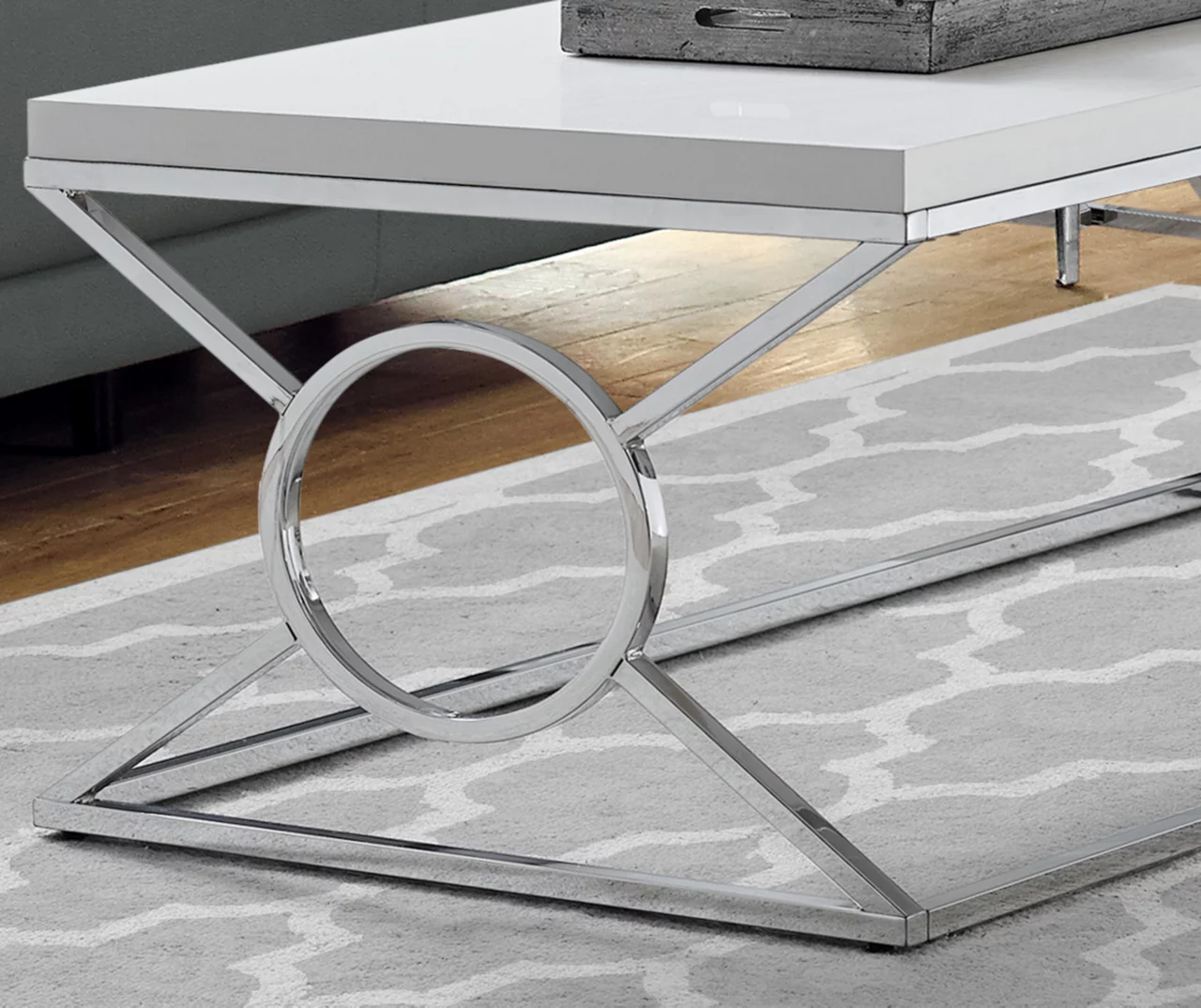 Glossy White & Chrome Metal Coffee Table 4 Glossy White & Chrome Metal Coffee Table - Image 2