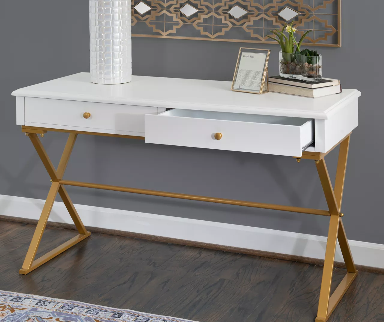 Glam White & Gold 2-Drawer Campaign Desk 5 Glam White & Gold 2-Drawer Campaign Desk - Image 3