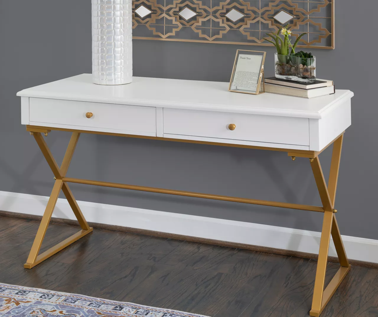 Glam White & Gold 2-Drawer Campaign Desk 4 Glam White & Gold 2-Drawer Campaign Desk - Image 2