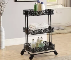 Mabry Black 3-Tier Pierced Floral Rolling Cart 11 Mabry Black 3-Tier Pierced Floral Rolling Cart -Chic Furniture Store 810543382 2