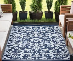 Navy & White Damask Plastic Outdoor Area Rug, (5' X 7') -Chic Furniture Store 810546223 2