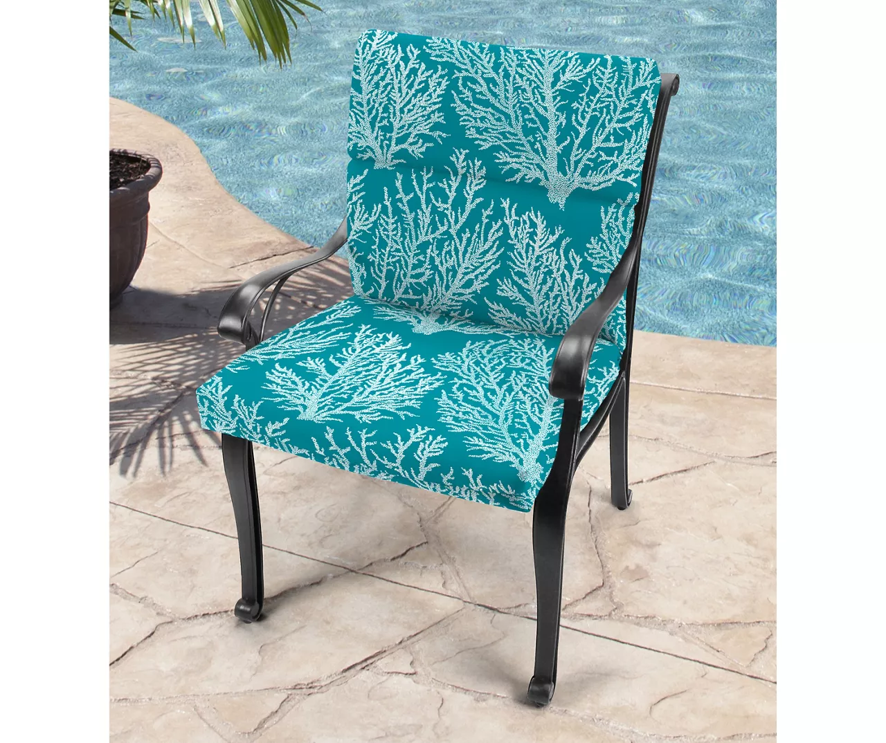 Sea Coral Turquoise French Edge Outdoor Chair Cushion 4 Sea Coral Turquoise French Edge Outdoor Chair Cushion - Image 2