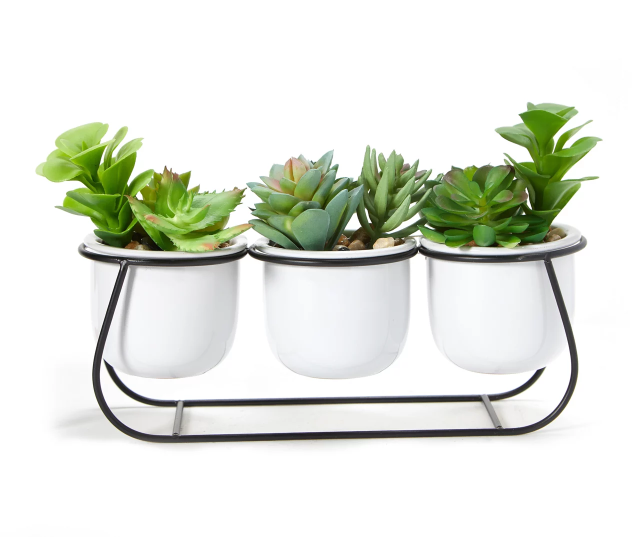 Artificial Succulents In White Pots & Metal Stand 3 Artificial Succulents In White Pots & Metal Stand