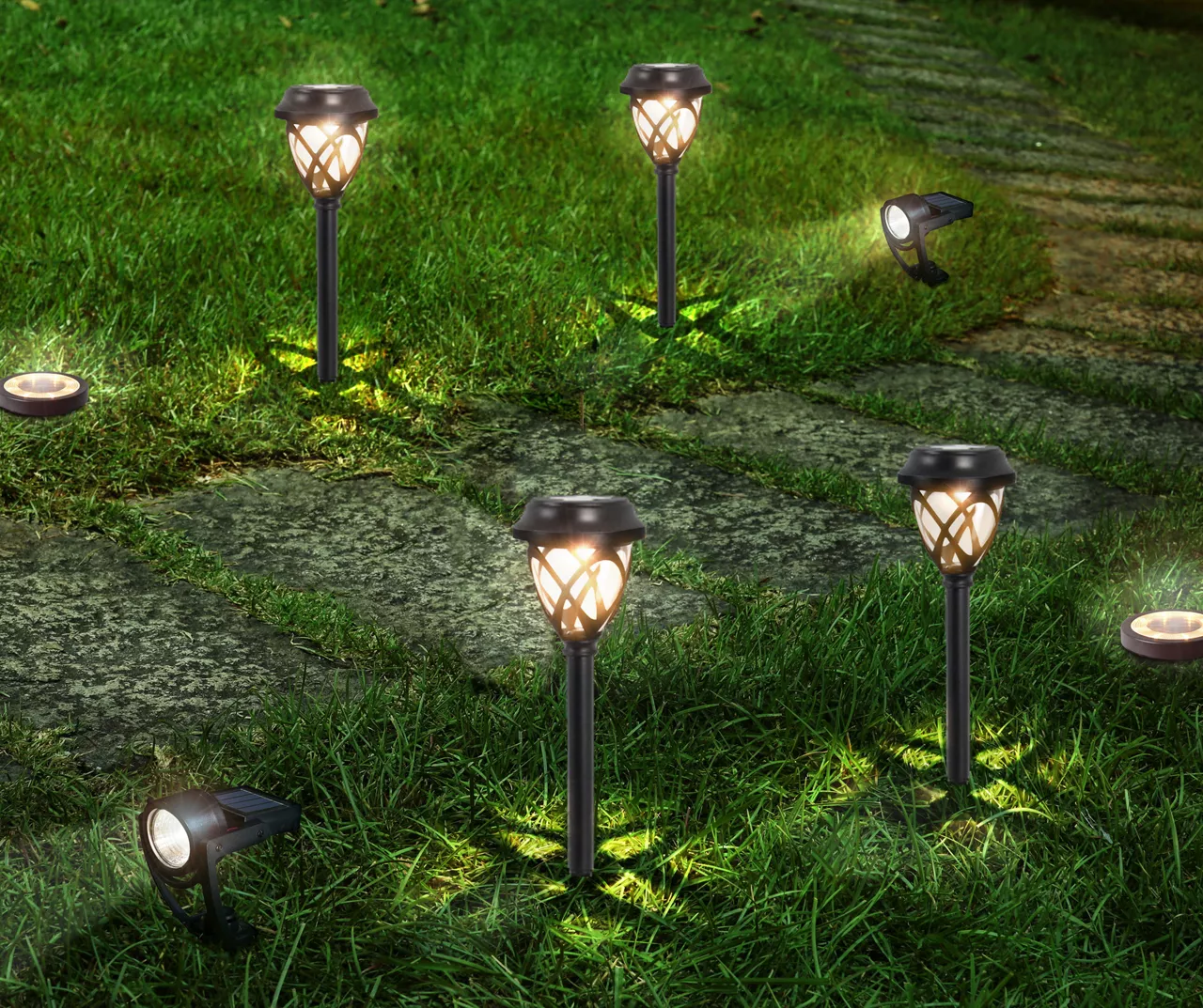Yard Stake, Spotlight & Disc Light 8-Piece LED Solar Pathway Marker Set 4 Yard Stake, Spotlight & Disc Light 8-Piece LED Solar Pathway Marker Set - Image 2