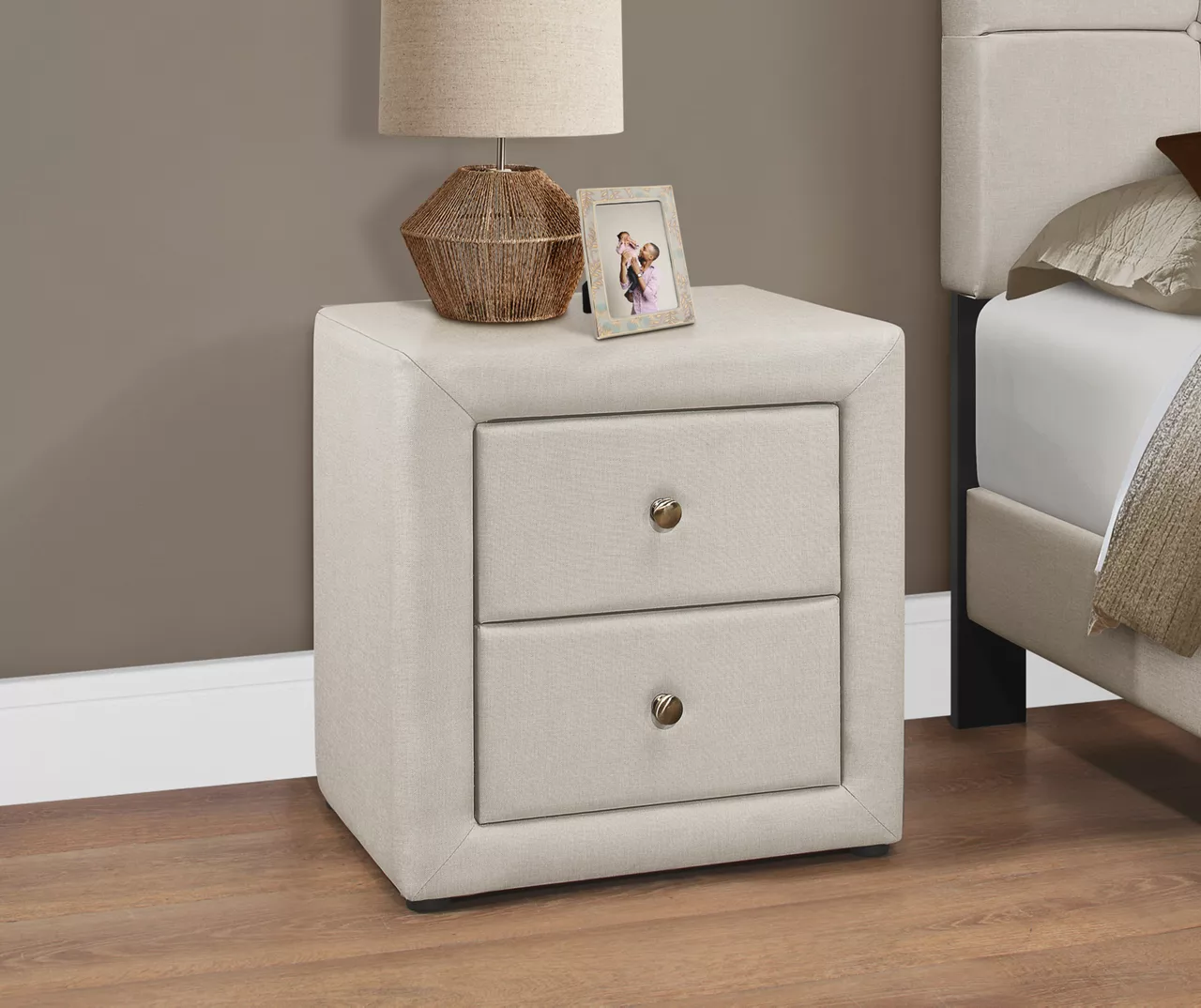 Monarch Linen Upholstered Nightstand 5 Monarch Linen Upholstered Nightstand - Image 3