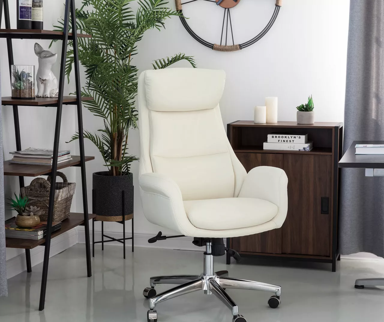 Cream Mid-Century Modern Faux Leather Executive Office Chair 4 Cream Mid-Century Modern Faux Leather Executive Office Chair - Image 2