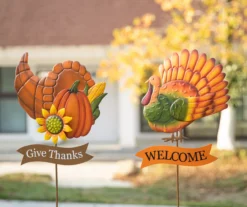"Welcome" Turkey & "Give Thanks" Cornucopia 2-Piece Yard Stake Set -Chic Furniture Store 810671259 A0 3
